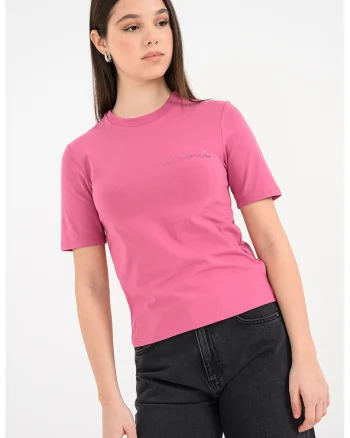 Tricou slim fit cu decolteu la baza gatului, Roz aprins