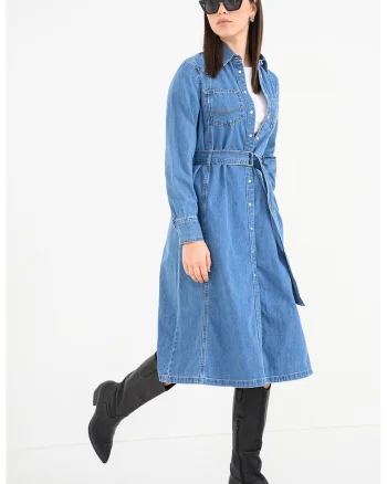 Rochie evazata de denim cu buzunare laterale, Albastru melange