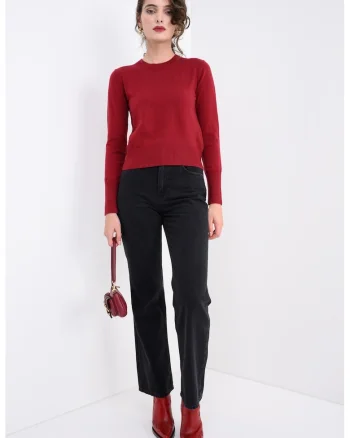 Pulover din amestec de matase si lana cu model uni, Rosu inchis
