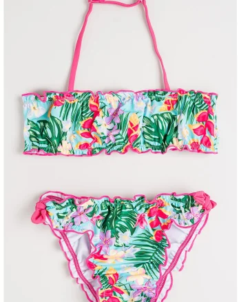 Costum de baie din doua piese cu model tropical, Fucsia/Albastru aquamarin/Verde deschis