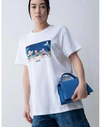 Tricou lejer cu imprimeu grafic, Alb/Albastru inchis