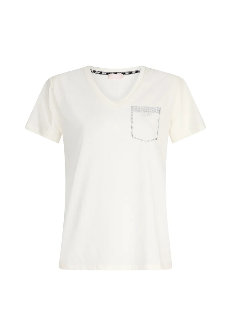 Tricou cu decolteu in V si buzunar fals cu strasuri, Alb