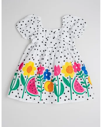 Rochie evazata cu modele diverse, Alb/Verde/Roz