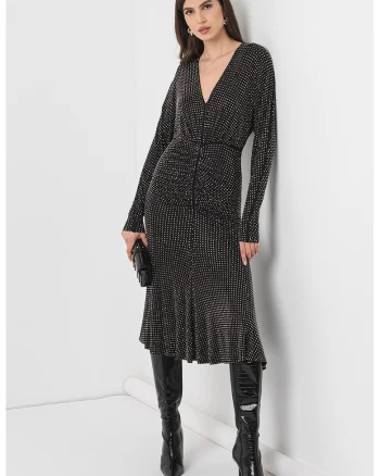 Rochie midi cambrata cu decolteu in V, Negru