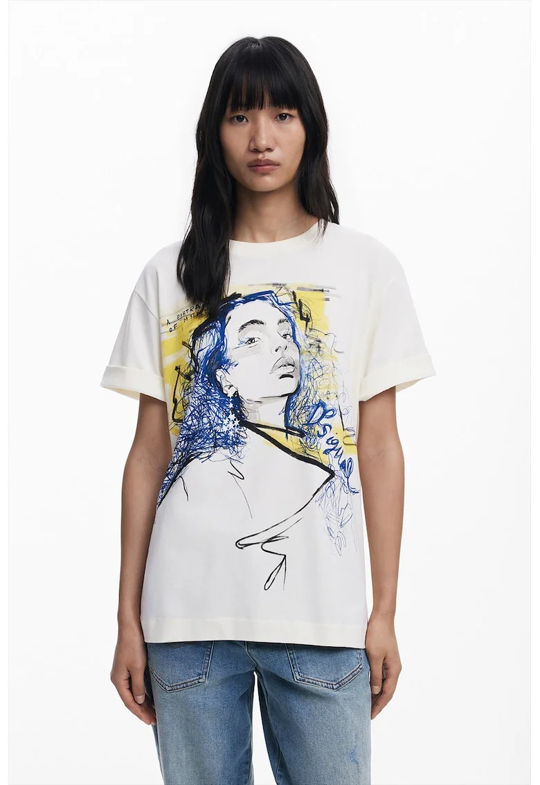 Tricou de bumbac cu imprimeu grafic si maneci cazute, Alb/Galben/Albastru