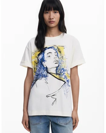 Tricou de bumbac cu imprimeu grafic si maneci cazute, Alb/Galben/Albastru