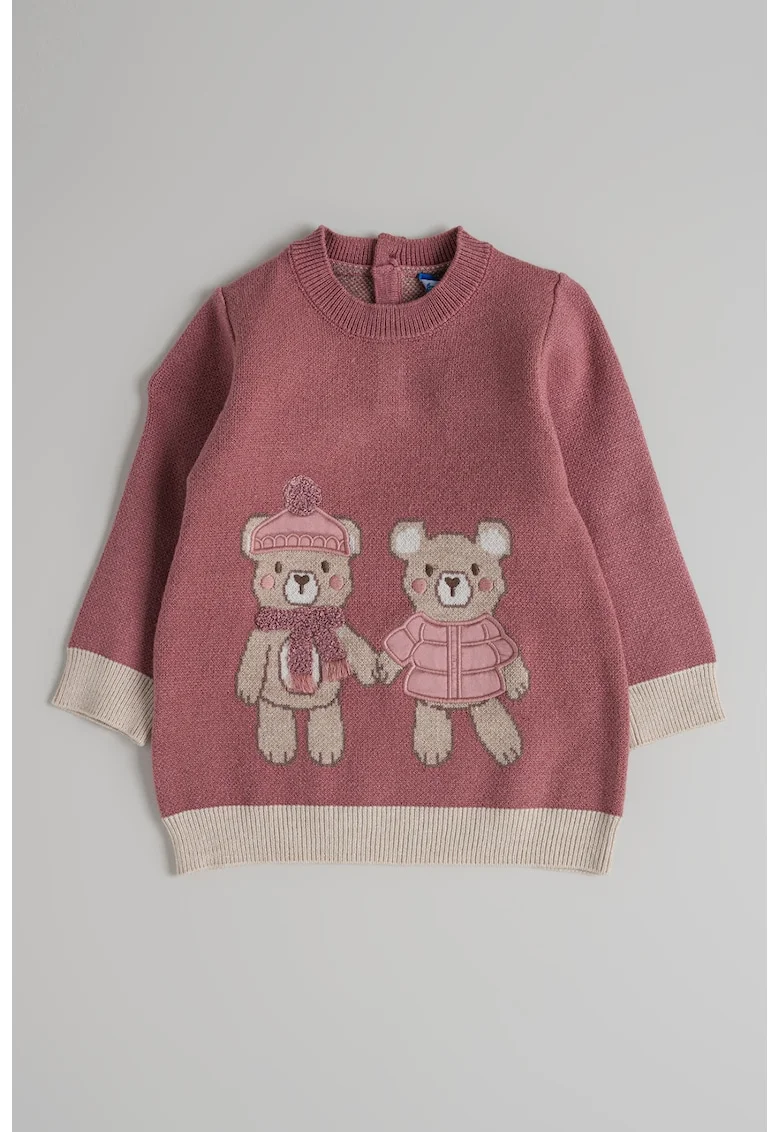 Rochie cu imprimeu grafic si decolteu la baza gatului, Maro taupe deschis/Roz prafuit