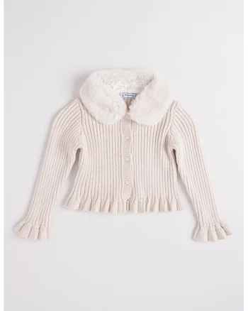 Cardigan cu guler detasabil din teddy, Alb fildes