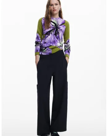 Pulover tricotat cu imprimeu floral, Verde/Alb murdar/Ametist
