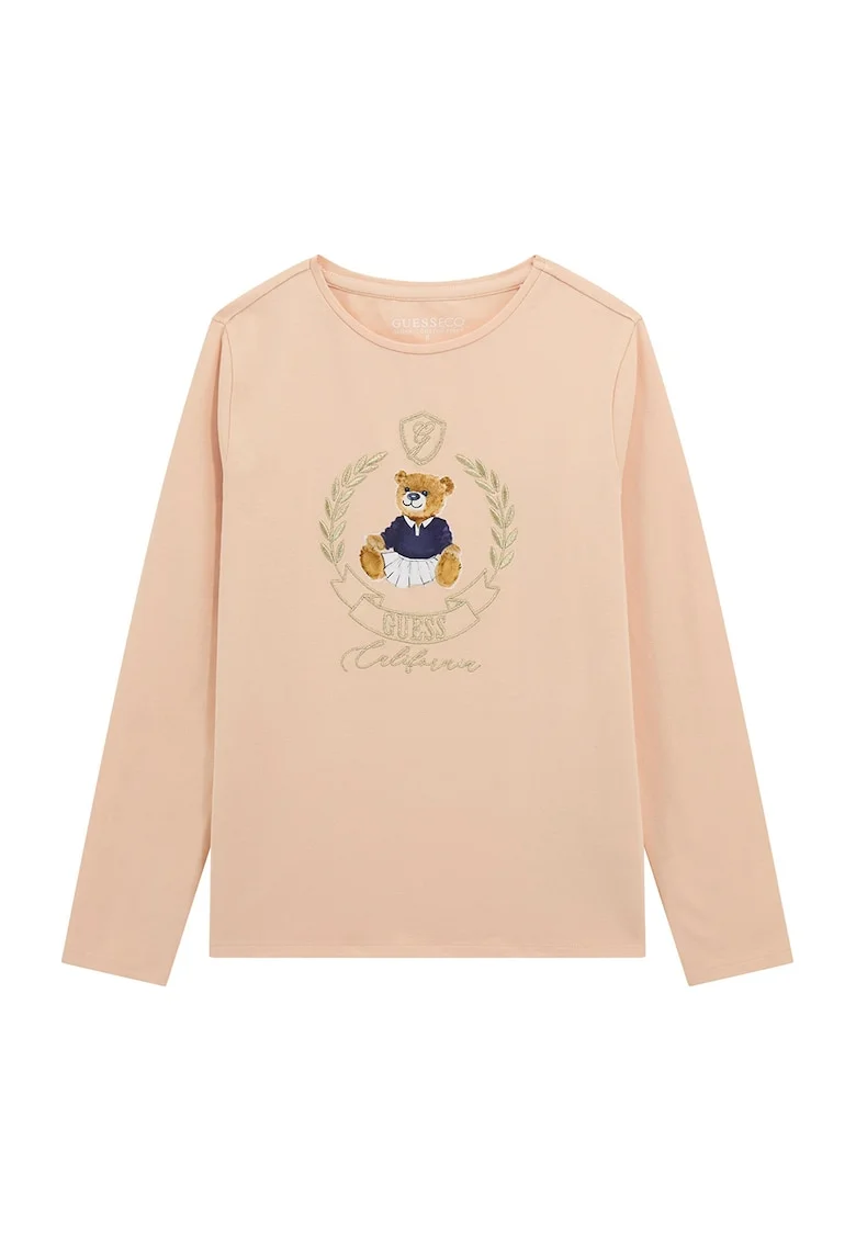 Bluza cu decolteu rotund si imprimeu, Albastru inchis/Piersica/Maro deschis