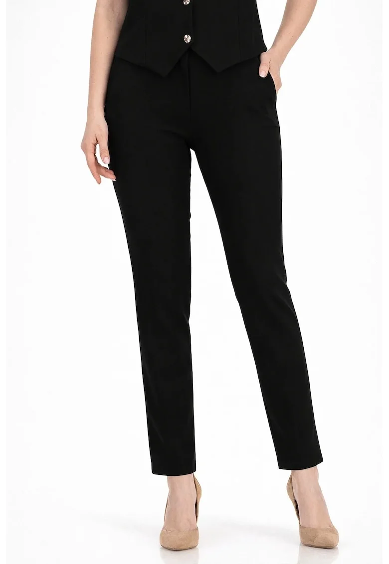 Pantaloni dama din stofa, conici, cu talie inalta si buzunare laterale, Negru
