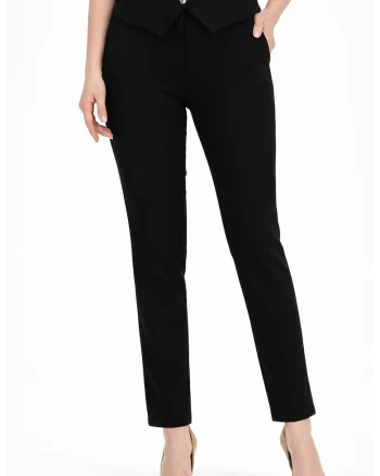 Pantaloni dama din stofa, conici, cu talie inalta si buzunare laterale, Negru