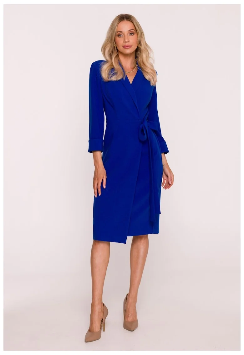 Rochie Midi, S415 bordo Decolteu in V, Guler Sal, Maneci 7/8, Legatura in talie, Material neted cu finisaj moale, Partial captusita, Stil infasurat, Albastru