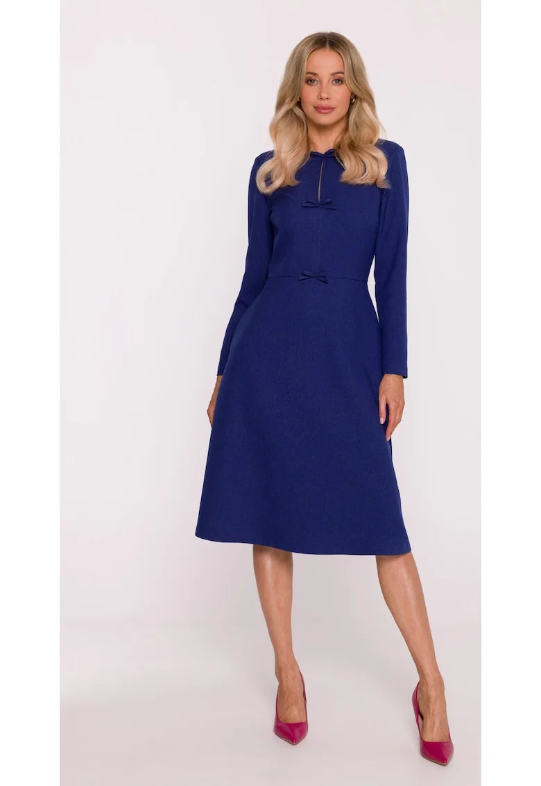 Rochie midi, S413 neagra decolteu rotund, maneci lungi, funde decorative, buzunare laterale, fermoar la spate, zi cu zi, Albastru