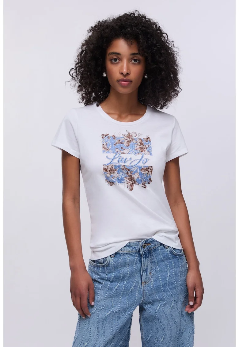 Tricou din bumbac decorat cu logo si strasuri, Alb/Albastru deschis