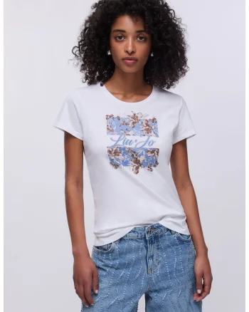 Tricou din bumbac decorat cu logo si strasuri, Alb/Albastru deschis