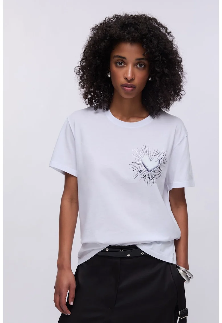 Tricou regular-fit de bumbac cu aplicatie din strasuri, Alb optic