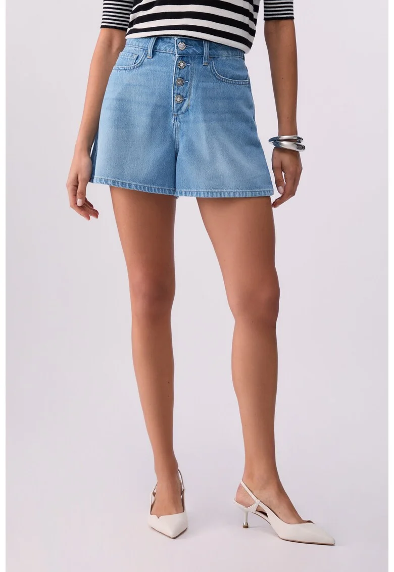 Pantaloni scurti din denim cu talie medie, Albastru deschis