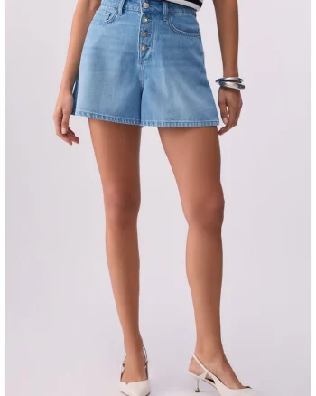 Pantaloni scurti din denim cu talie medie, Albastru deschis