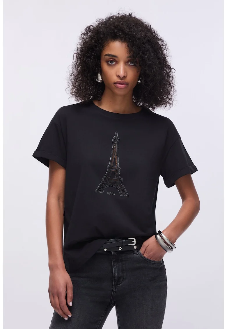 Tricou cu strasuri si broderie cu perforatie, Negru