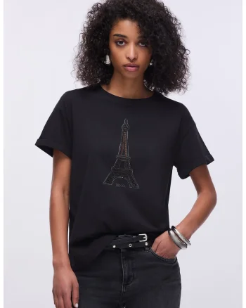 Tricou cu strasuri si broderie cu perforatie, Negru