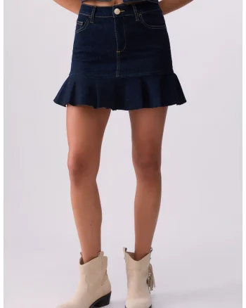 Fusta mini din denim cu terminatie cu volane, Albastru inchis