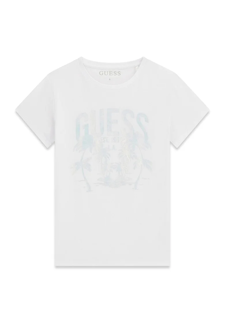Tricou cu decolteu la baza gatului si imprimeu logo, Alb fildes