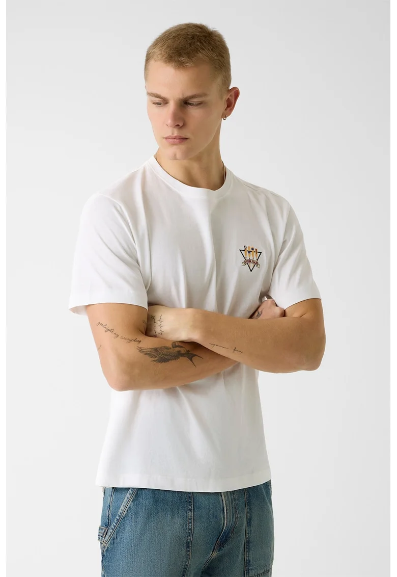 Tricou din bumbac cu broderie logo discreta, Alb