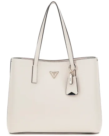 Geanta shopper de piele ecologica cu aplicatie logo, Alb fildes