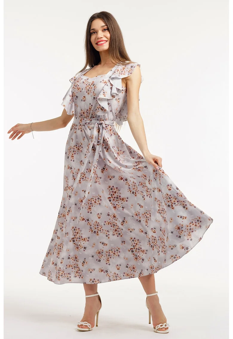 Rochie midi cu croiala in A , model si cordon in talie, Maro/Lila pal/Roz