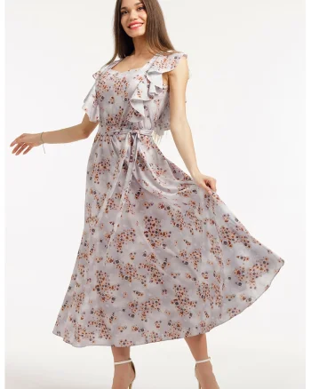 Rochie midi cu croiala in A , model si cordon in talie, Maro/Lila pal/Roz