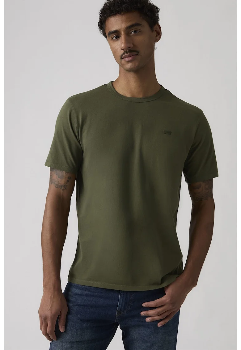 Tricou uni de bumbac cu aplicatie logo discreta, Kaki inchis,