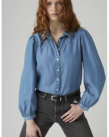 Camasa din chambray cu maneci bufante, Albastru pastel,