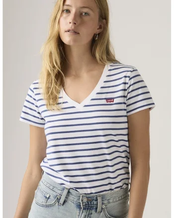 Tricou din bumbac cu decolteu in V si dungi, Alb/Albastru inchis