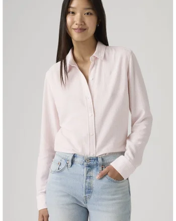 Camasa cu model in dungi si guler ascutit, Roz pastel