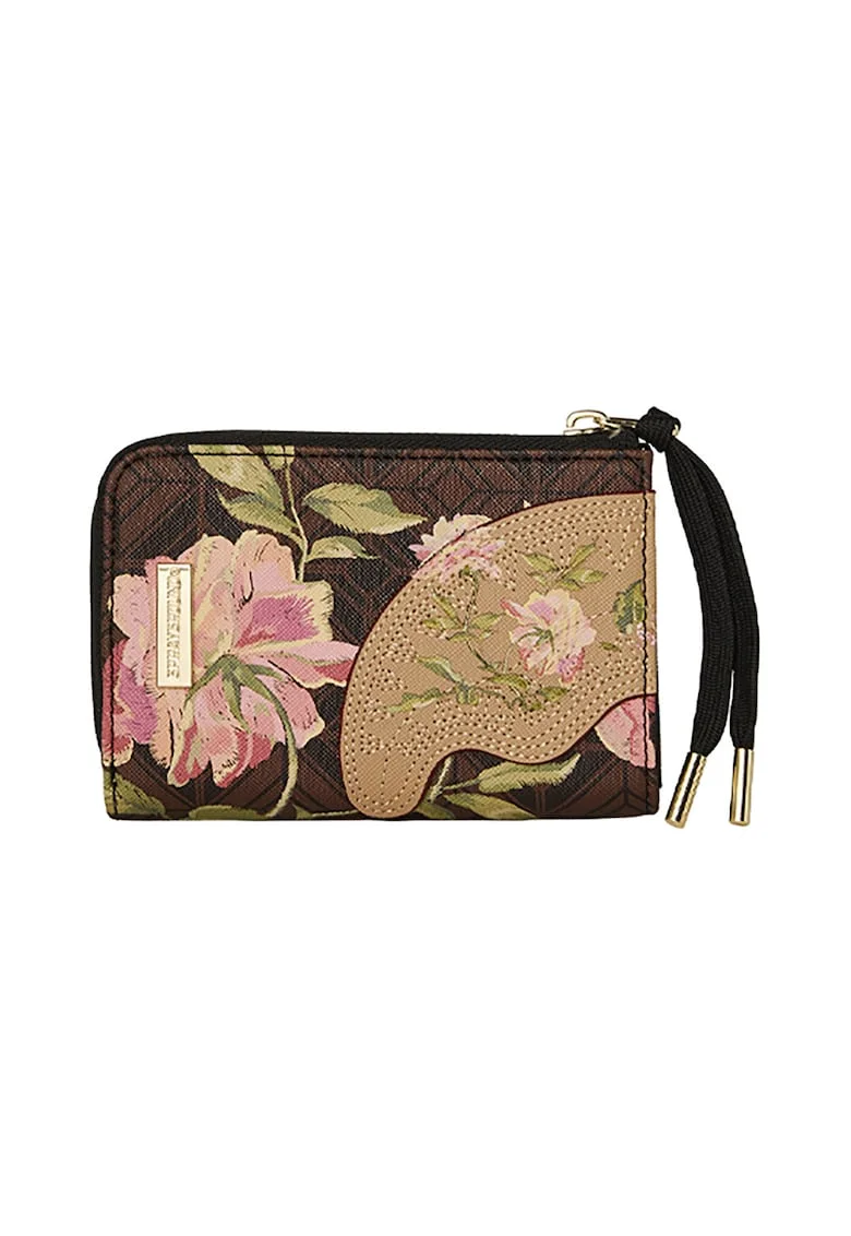 Portofel de piele ecologica cu model floral, Maro/Bej/Roz