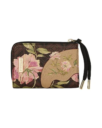 Portofel de piele ecologica cu model floral, Maro/Bej/Roz