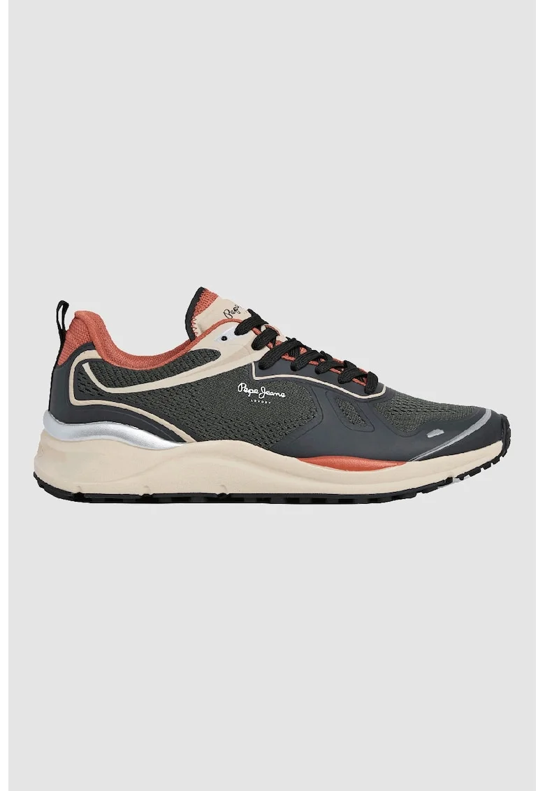 Pantofi sport low-cut cu garnituri de piele ecologica, Coral/Kaki inchis/Gri inchis