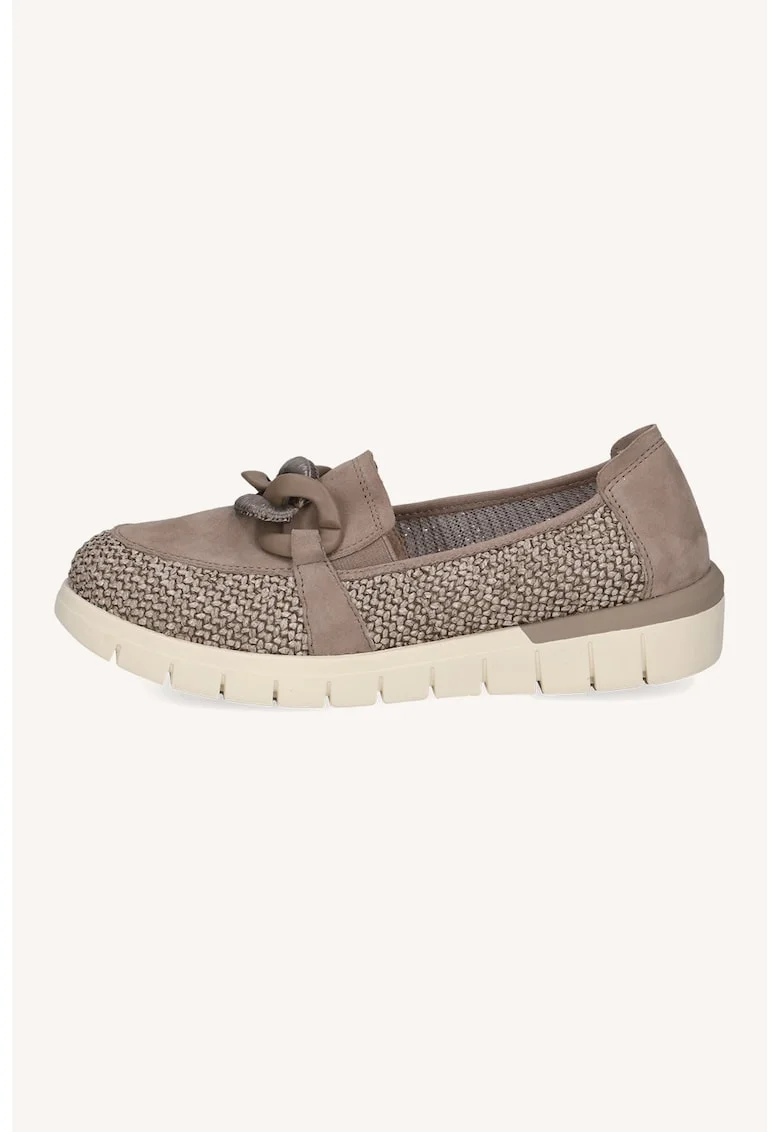 Pantofi loafer din piele intoarsa cu garnituri din piele ecologica, Bej inchis/Alb murdar