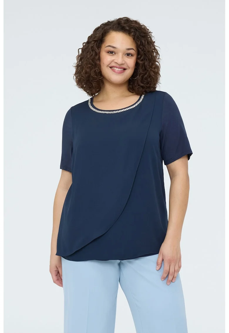 Tricou uni cu decolteu la baza gatului, Albastru inchis/Alb murdar