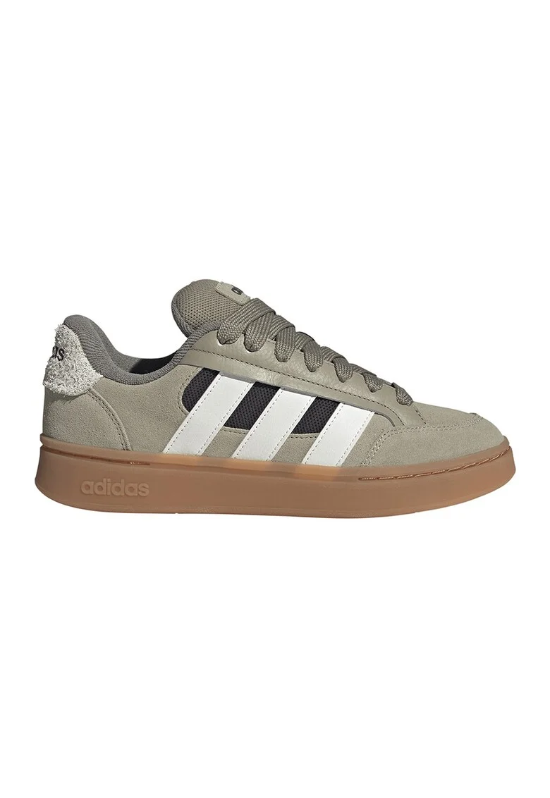 Pantofi sport Grand Court Alpha din piele intoarsa cu cusaturi contrastante, Alb/Negru/Maro taupe deschis