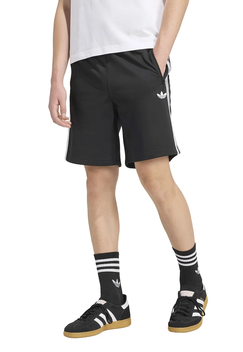 Pantaloni scurti cu talie elastica si benzi contrastante, Alb/Negru