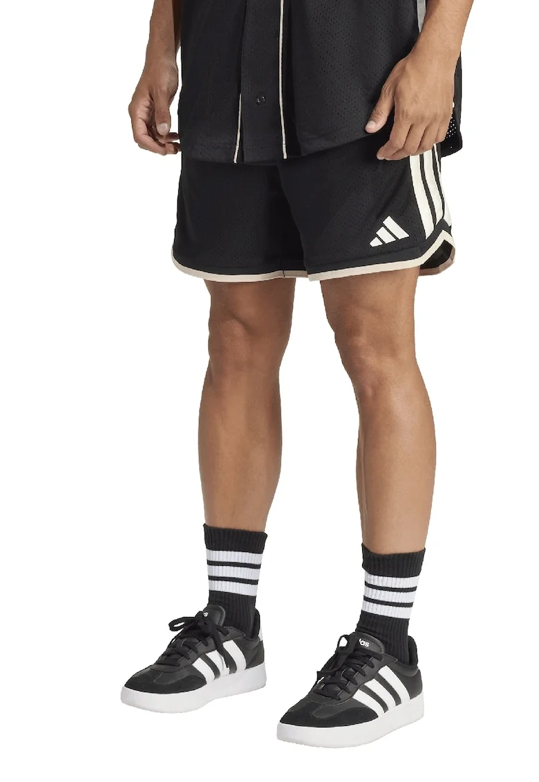 adidas Originals, Pantaloni scurti de plasa cu snur in talie Stadium, Alb/Negru