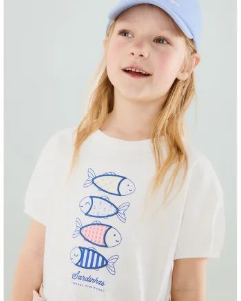 Tricou cu imprimeu si maneci bufante, Alb/Albastru royal/Roz
