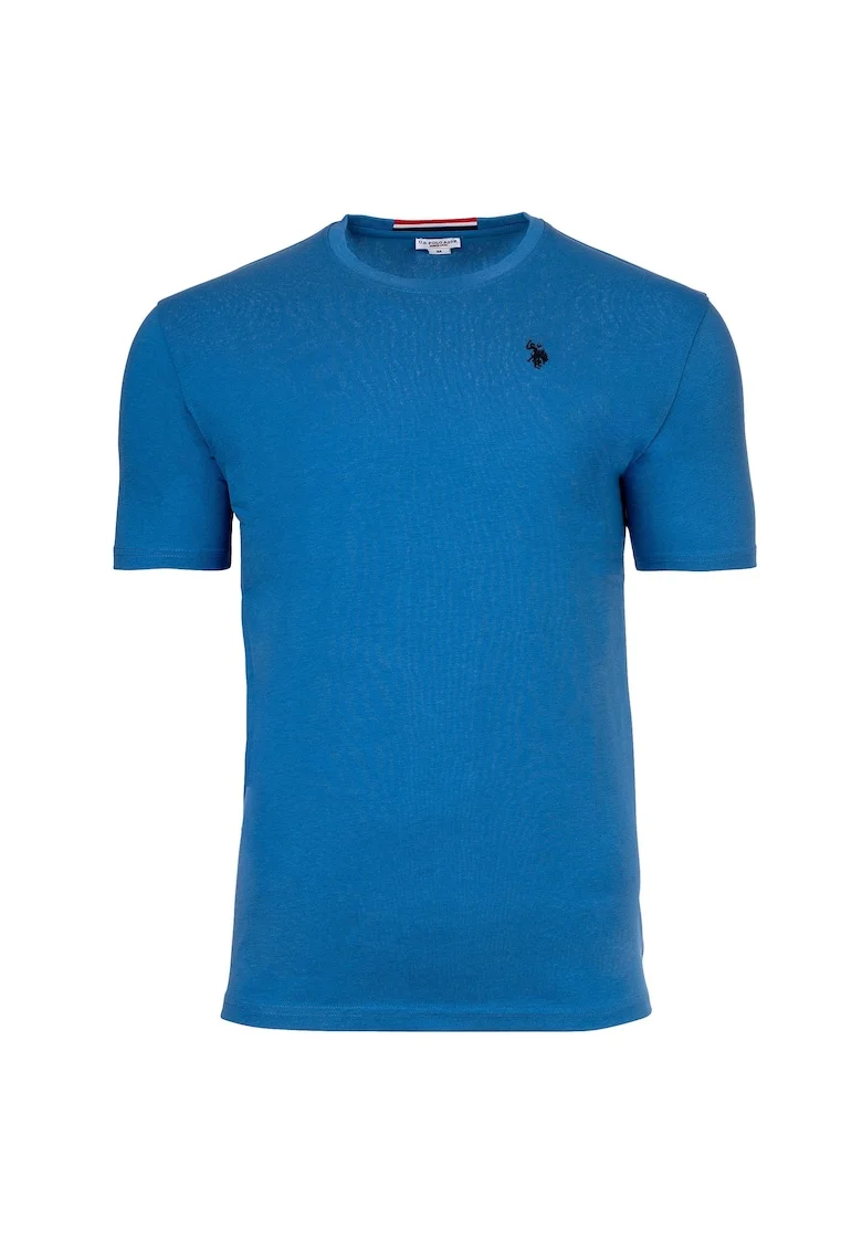 Tricou de bumbac cu decolteu la baza gatului si logo discret, Albastru