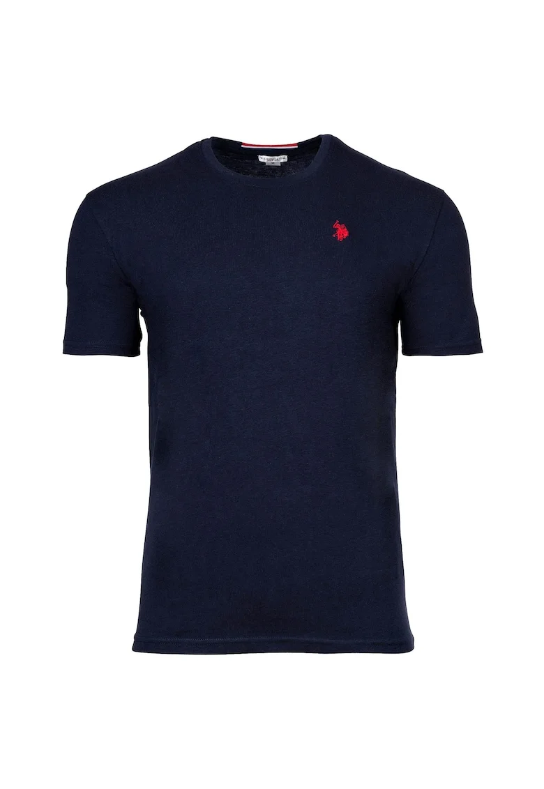 Tricou de bumbac cu decolteu la baza gatului si logo discret, Bleumarin