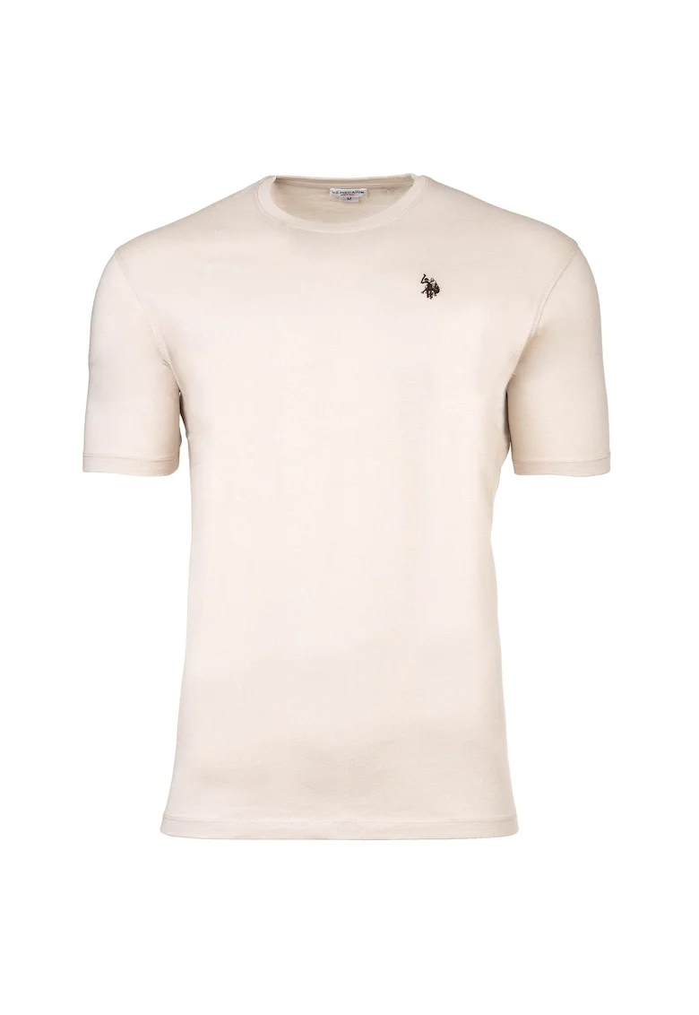 Tricou de bumbac cu decolteu la baza gatului si logo discret, Bej
