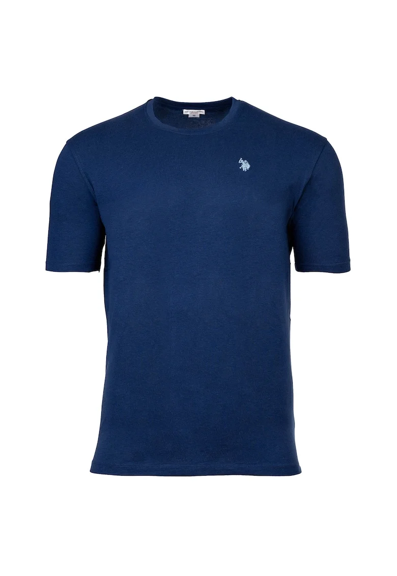 Tricou de bumbac cu decolteu la baza gatului si logo discret, Albastru inchis
