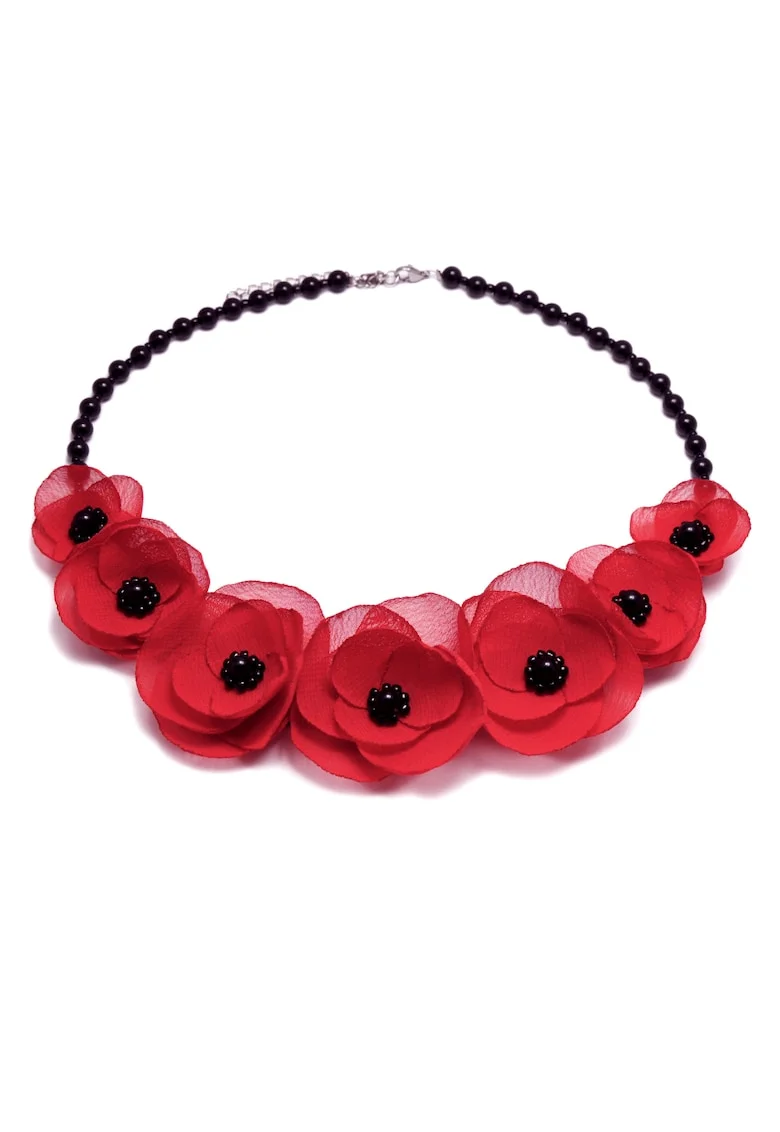 Colier elegant cu pietre semipretioase si flori, culoarea rosu, Zia Fashion, Rosu/Negru