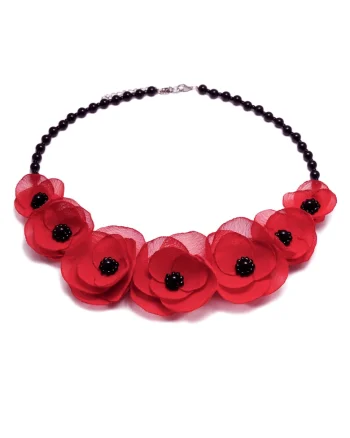 Colier elegant cu pietre semipretioase si flori, culoarea rosu, Zia Fashion, Rosu/Negru